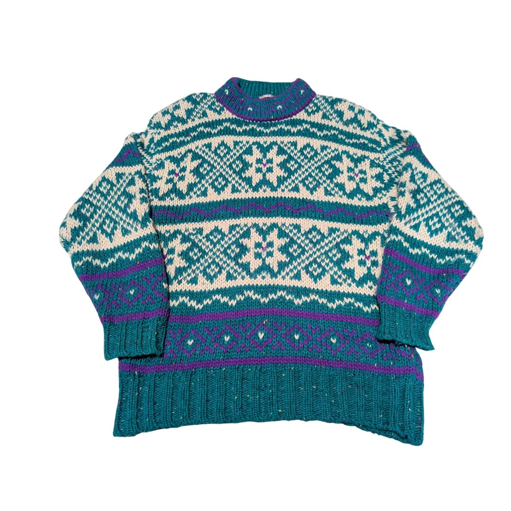 Vintage Hand Knit Sweater Womens S Teal Fair Mock Neck Wool Blend Nordic IVY